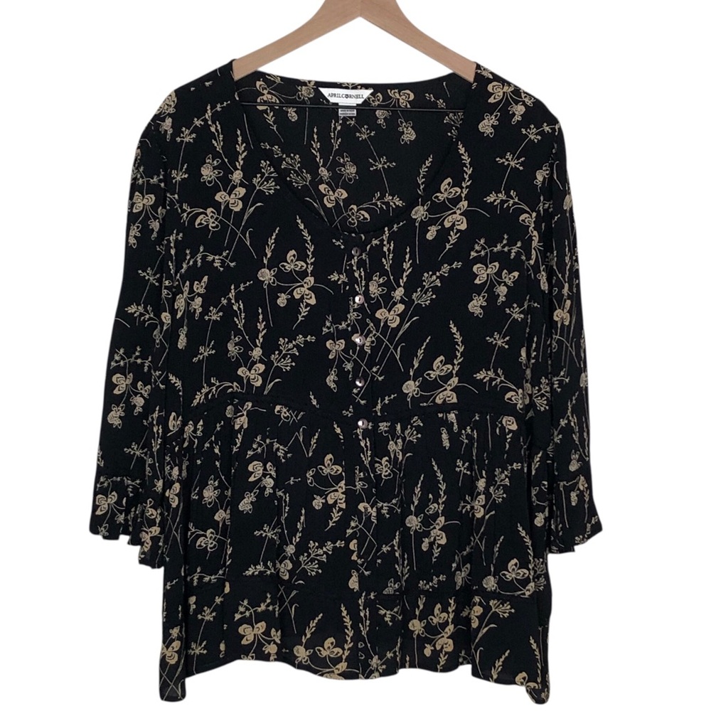 April Cornell Peplum Top Button Up Black Floral Blouse